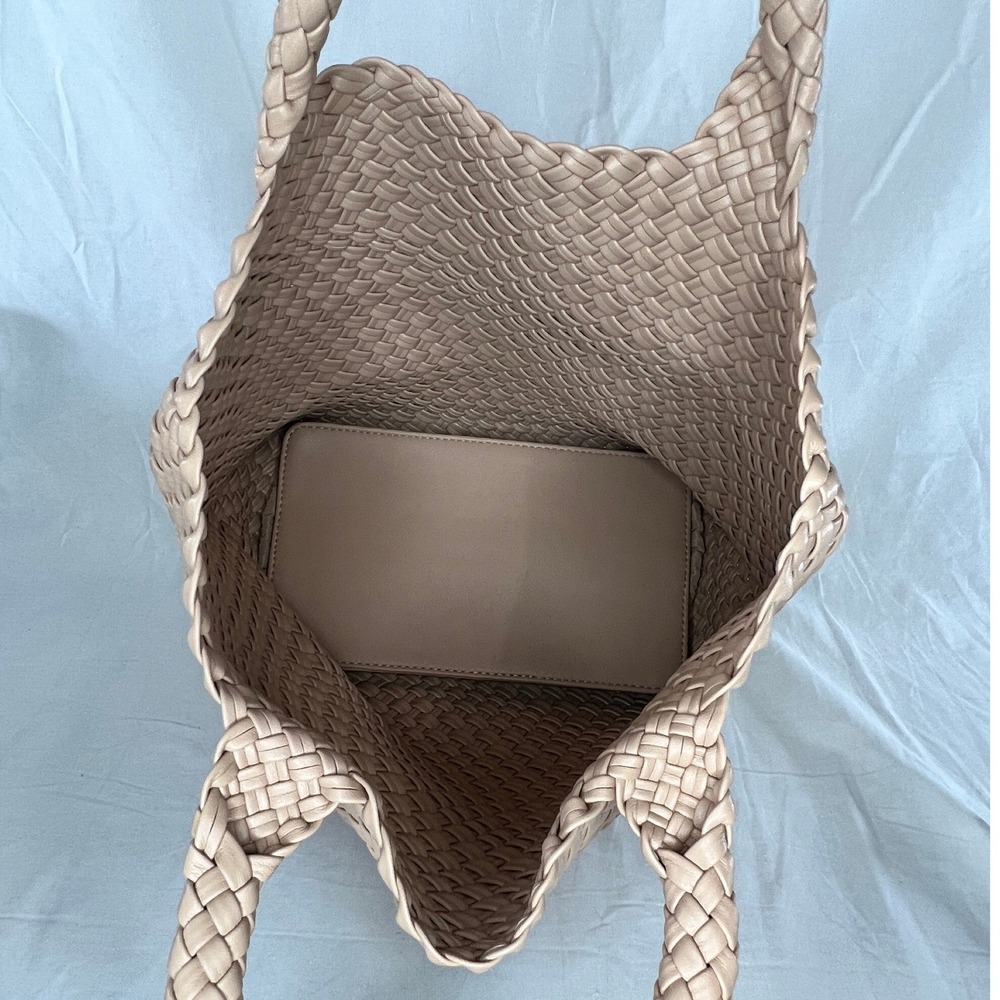 leather woven tote bag tan basket‎ weave shoulder handbag queenoris NWT - Picture 10 of 10